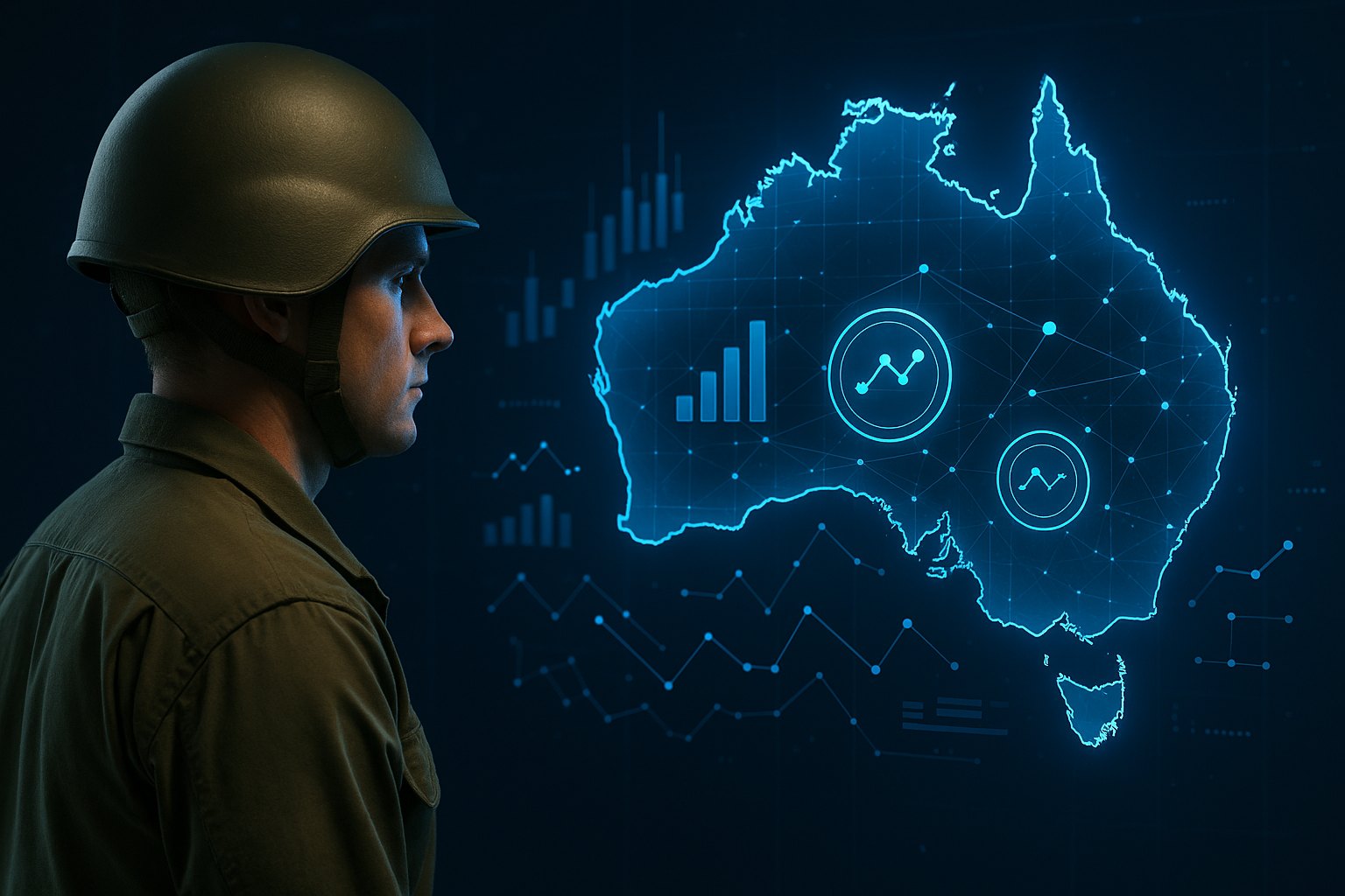 An Australian Defence Force member reviewing a live national data map of validated program information.