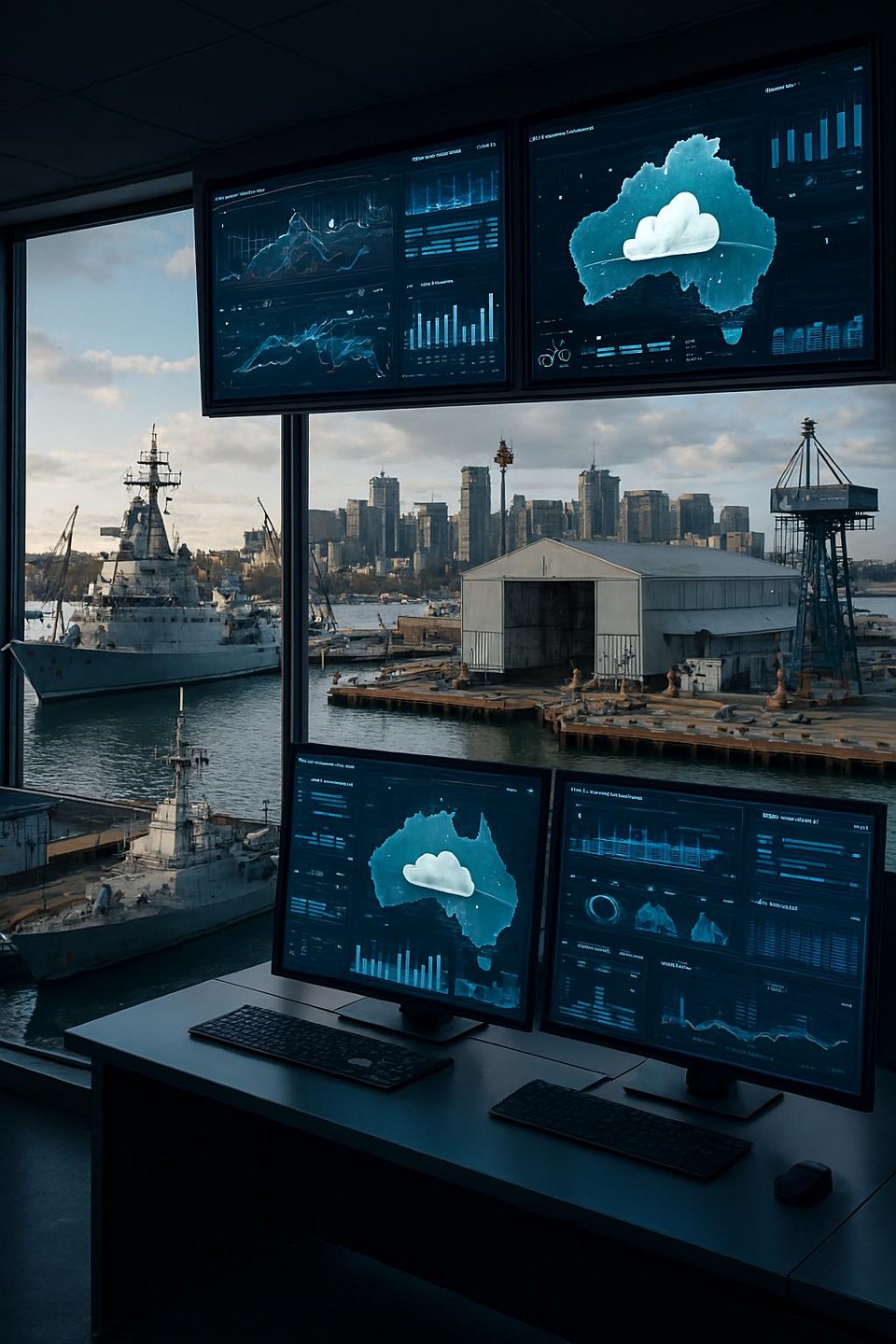A shipyard operations console showing live program and supply chain dashboards, overlooking a naval dock.